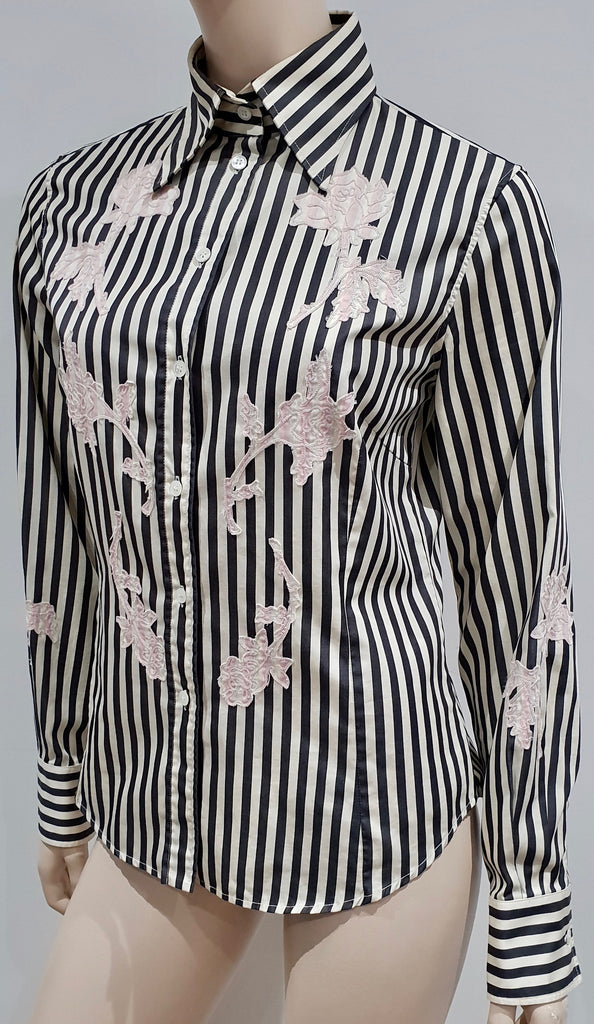 PAUL SMITH WOMEN Cream Black Stripe Pink Floral Detail Blouse Shirt Top 44 UK12