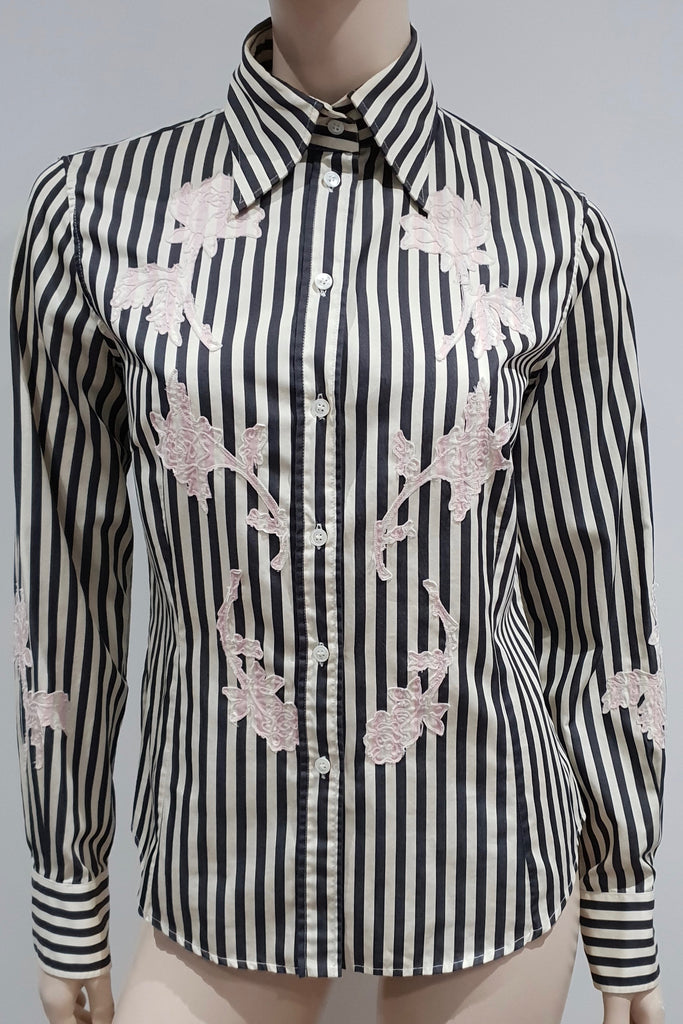 PAUL SMITH WOMEN Cream Black Stripe Pink Floral Detail Blouse Shirt Top 44 UK12