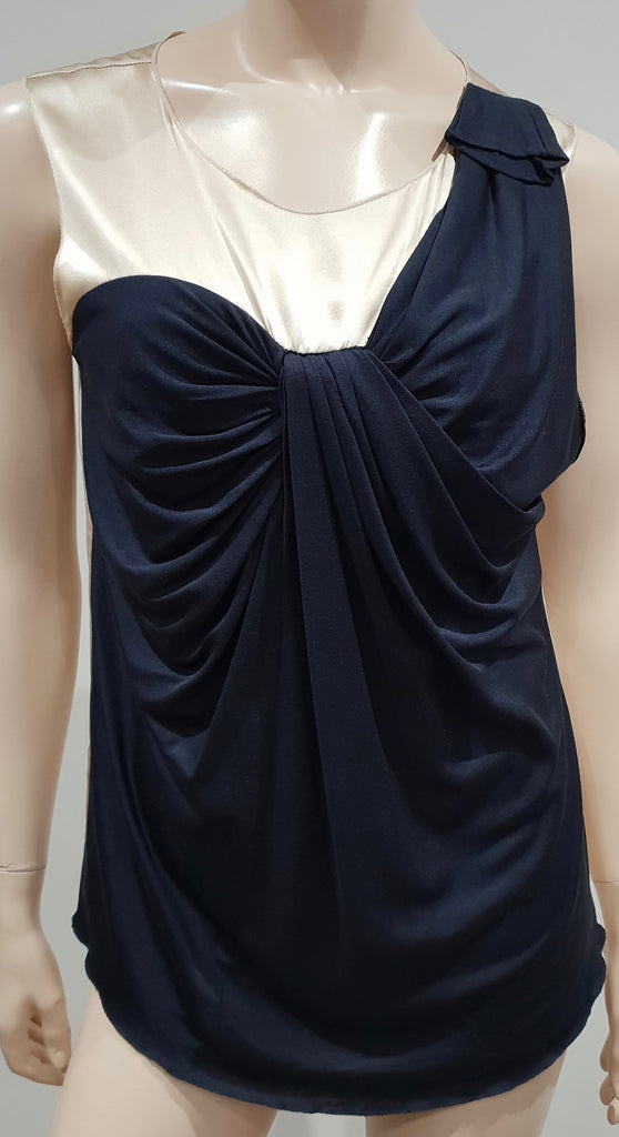 3.1 PHILLIP LIM Cream & Midnight Blue Black Silk Wool Pleated Sleeveless Top S