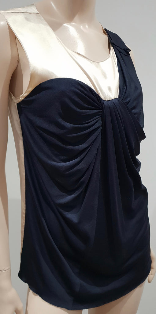3.1 PHILLIP LIM Cream & Midnight Blue Black Silk Wool Pleated Sleeveless Top S