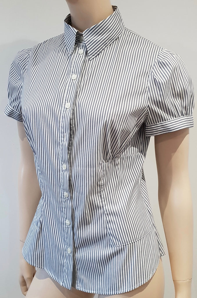 ANNE FONTAINE White Grey Cotton Blend Stripe Short Sleeve Blouse Shirt Top 40