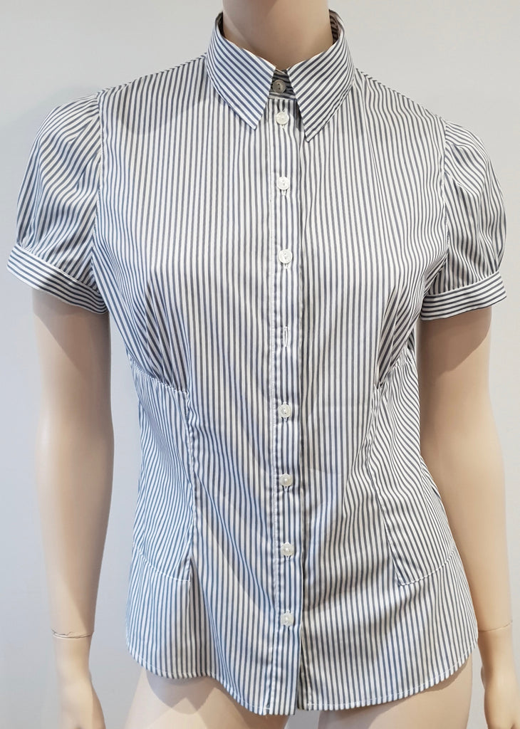 ANNE FONTAINE White Grey Cotton Blend Stripe Short Sleeve Blouse Shirt Top 40