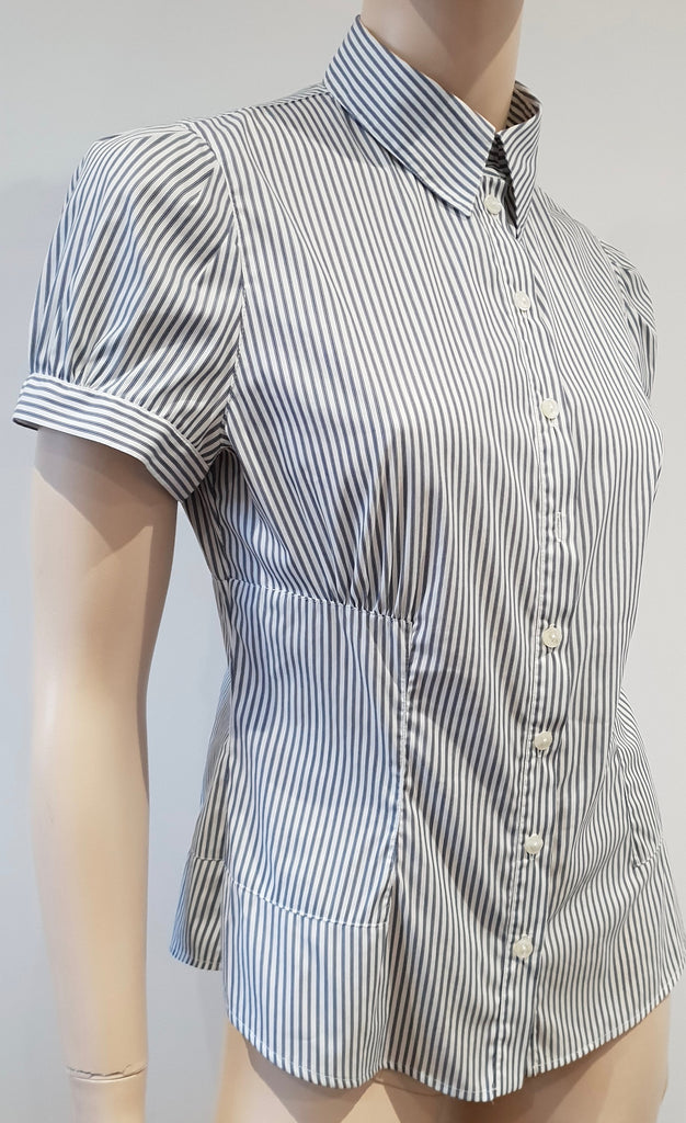 ANNE FONTAINE White Grey Cotton Blend Stripe Short Sleeve Blouse Shirt Top 40