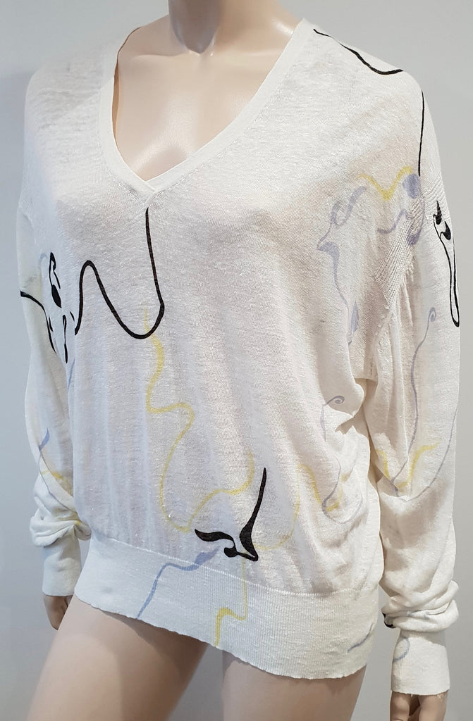 BIMBA Y LOLA Cream 100% Linen Multi Colour Pattern Fine Knit Jumper Sweater Top