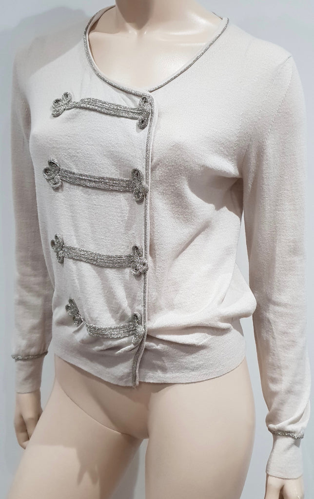 3.1 PHILLIP LIM Cream Silver Trim Wool Cotton Long Sleeve Military Cardigan M
