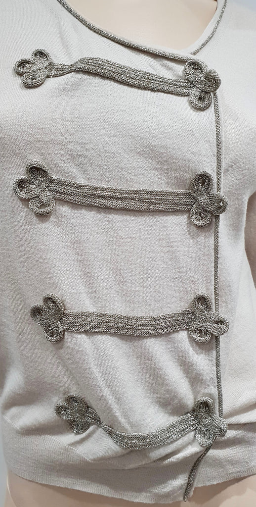 3.1 PHILLIP LIM Cream Silver Trim Wool Cotton Long Sleeve Military Cardigan M