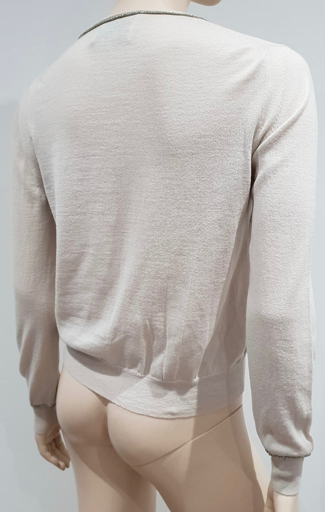 3.1 PHILLIP LIM Cream Silver Trim Wool Cotton Long Sleeve Military Cardigan M