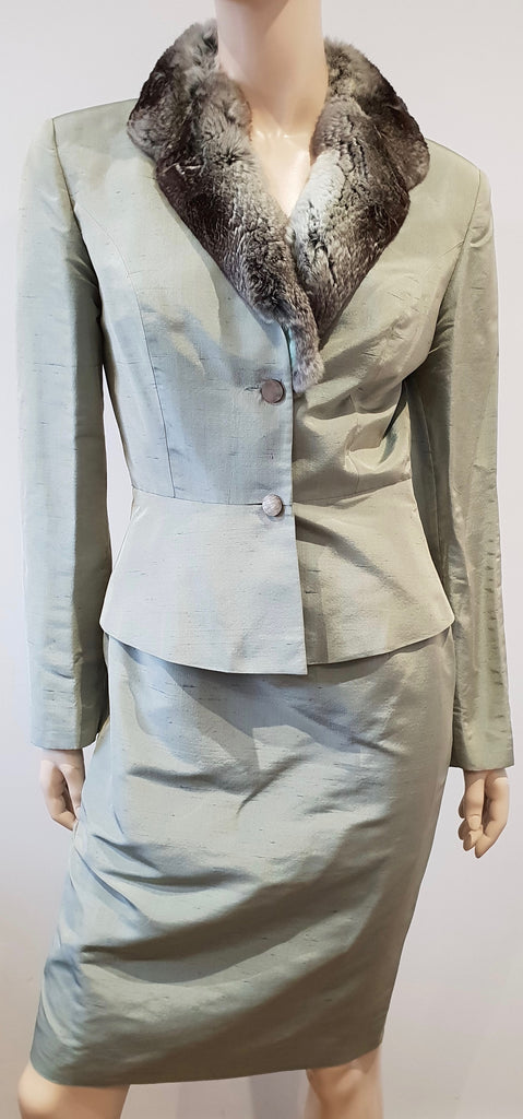 ANNA MOLINARI Pale Green Silk Grey Cream Fur Collar Jacket & Short Skirt Suit