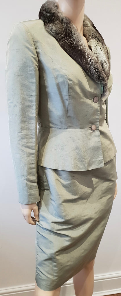 ANNA MOLINARI Pale Green Silk Grey Cream Fur Collar Jacket & Short Skirt Suit