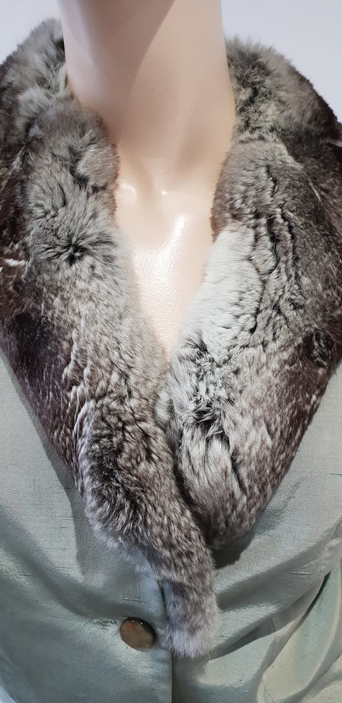 ANNA MOLINARI Pale Green Silk Grey Cream Fur Collar Jacket & Short Skirt Suit