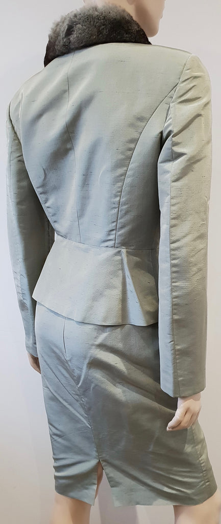 ANNA MOLINARI Pale Green Silk Grey Cream Fur Collar Jacket & Short Skirt Suit