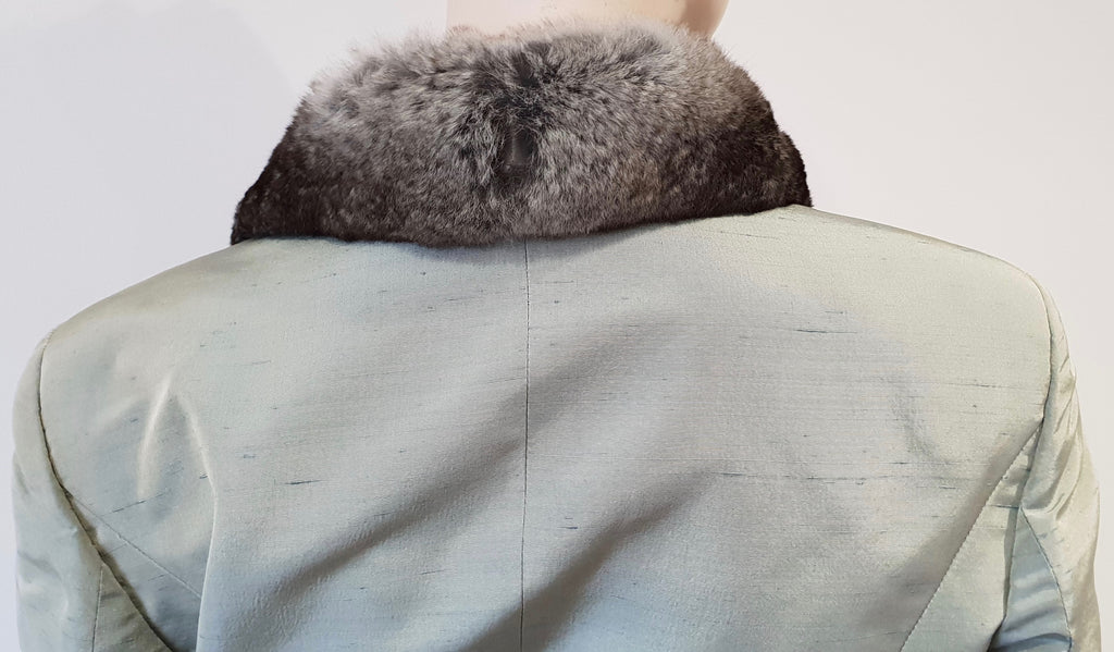 ANNA MOLINARI Pale Green Silk Grey Cream Fur Collar Jacket & Short Skirt Suit