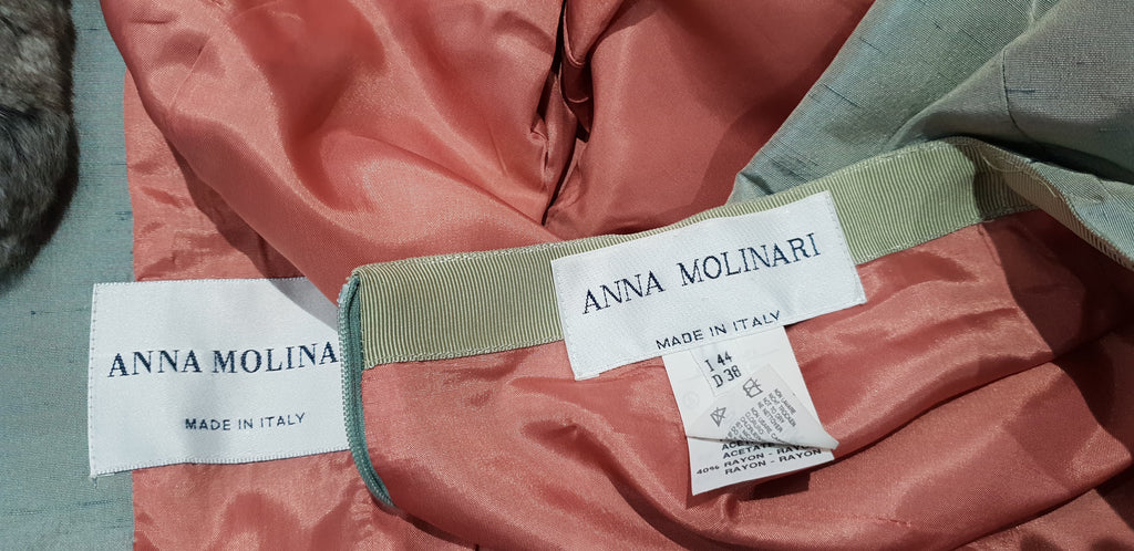 ANNA MOLINARI Pale Green Silk Grey Cream Fur Collar Jacket & Short Skirt Suit