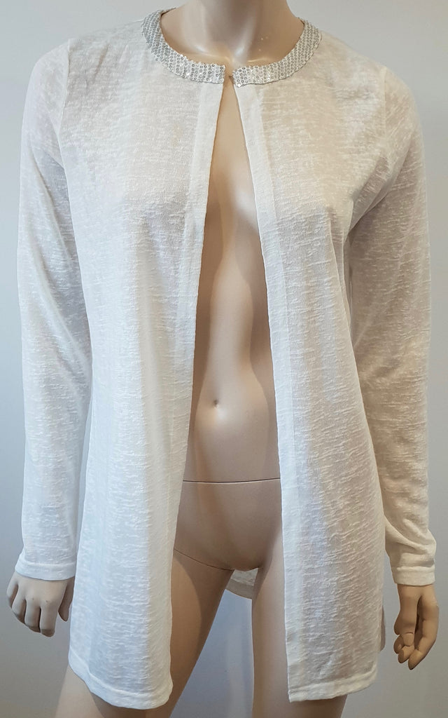MISMASH White Semi Sheer Silver Sequin Neck Open Front Long Sleeve Cardigan Top
