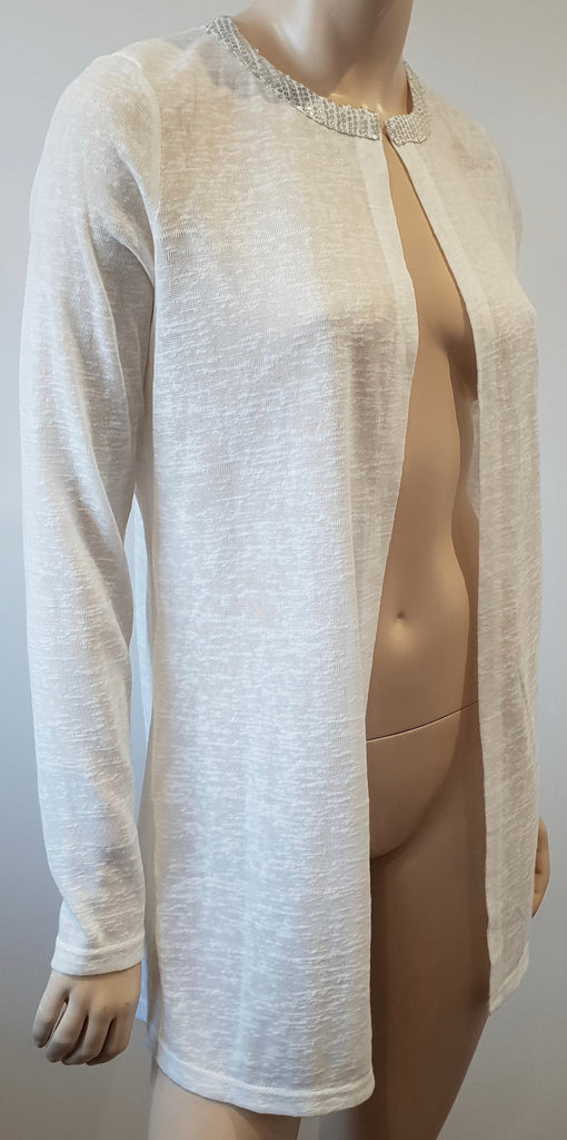 MISMASH White Semi Sheer Silver Sequin Neck Open Front Long Sleeve Cardigan Top