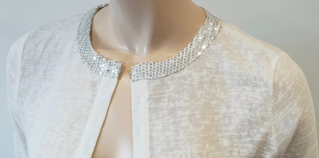 MISMASH White Semi Sheer Silver Sequin Neck Open Front Long Sleeve Cardigan Top