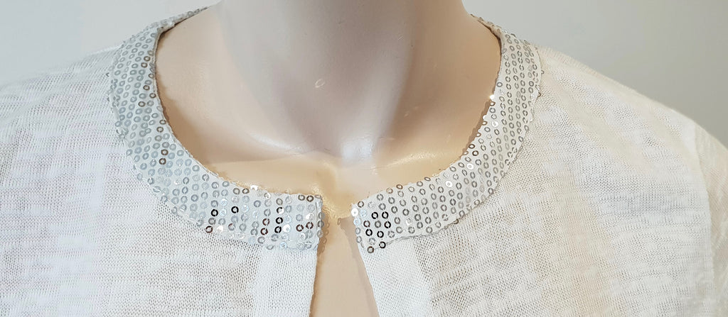 MISMASH White Semi Sheer Silver Sequin Neck Open Front Long Sleeve Cardigan Top