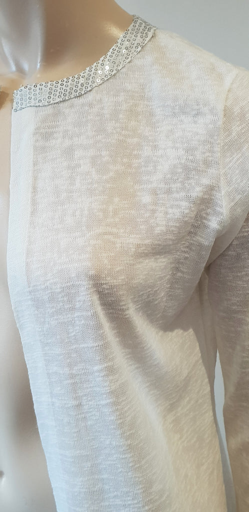 MISMASH White Semi Sheer Silver Sequin Neck Open Front Long Sleeve Cardigan Top