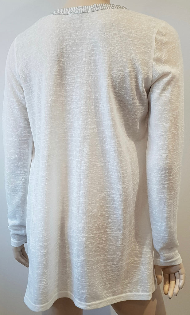 MISMASH White Semi Sheer Silver Sequin Neck Open Front Long Sleeve Cardigan Top