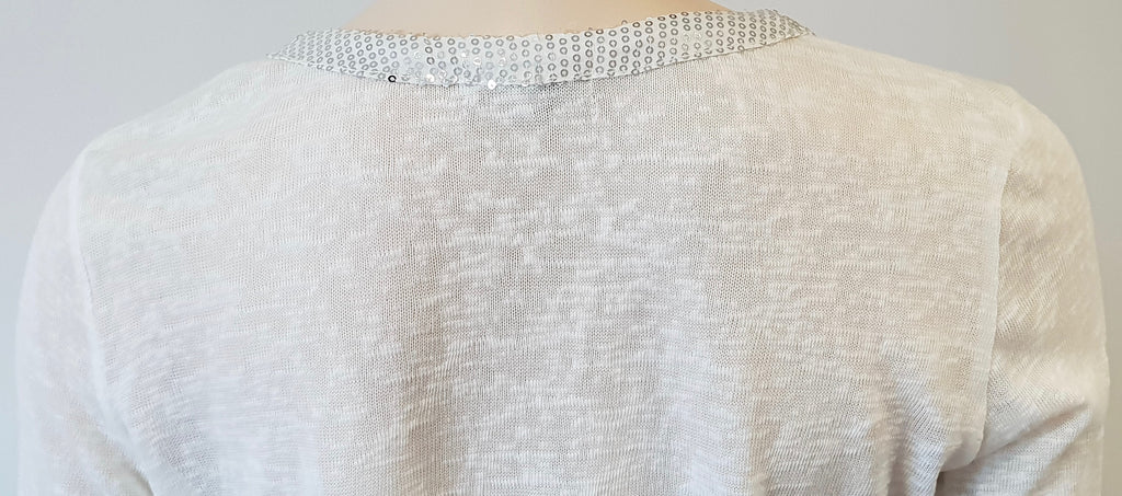 MISMASH White Semi Sheer Silver Sequin Neck Open Front Long Sleeve Cardigan Top