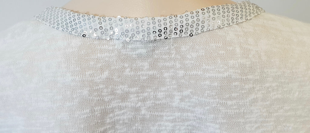 MISMASH White Semi Sheer Silver Sequin Neck Open Front Long Sleeve Cardigan Top