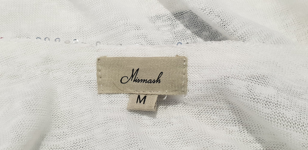 MISMASH White Semi Sheer Silver Sequin Neck Open Front Long Sleeve Cardigan Top