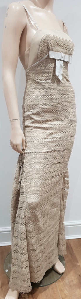 PAULE KA Beige Cotton Blend Lace Sleeveless Pleated Evening Maxi Dress 38 UK10