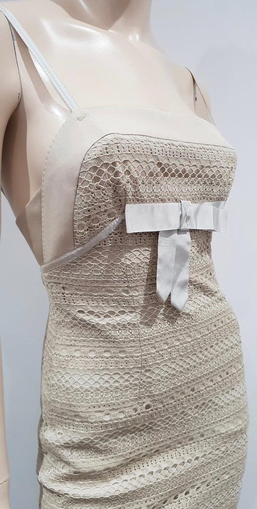 PAULE KA Beige Cotton Blend Lace Sleeveless Pleated Evening Maxi Dress 38 UK10