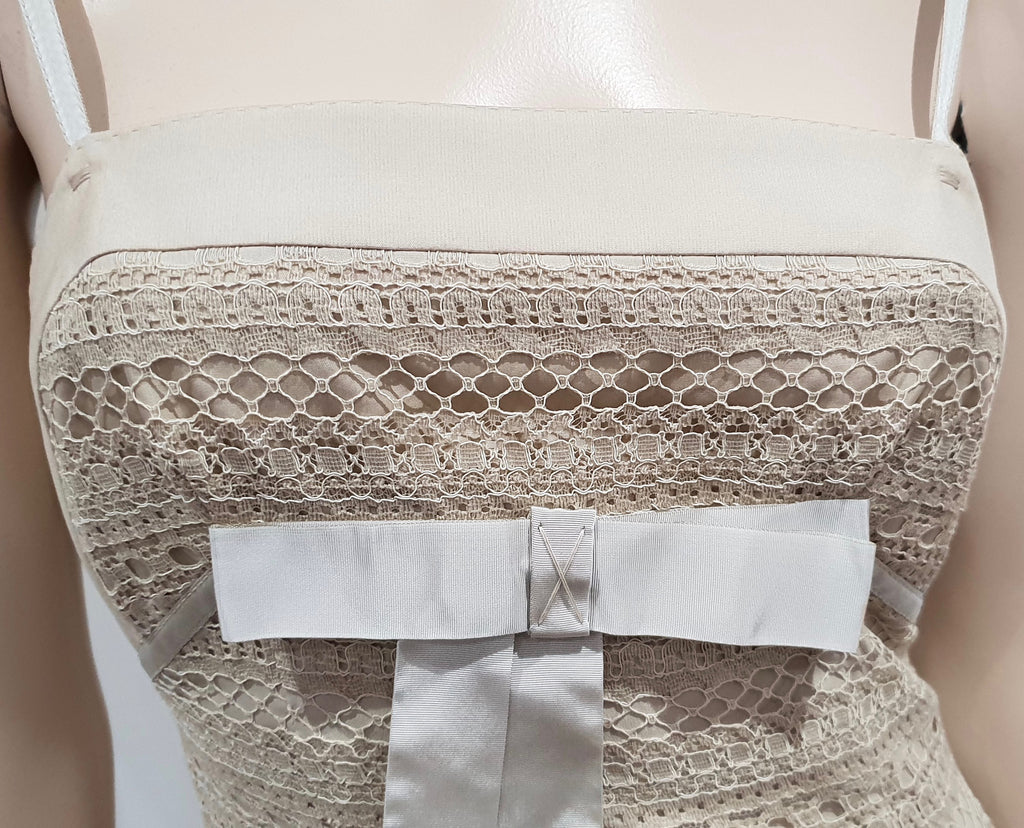 PAULE KA Beige Cotton Blend Lace Sleeveless Pleated Evening Maxi Dress 38 UK10