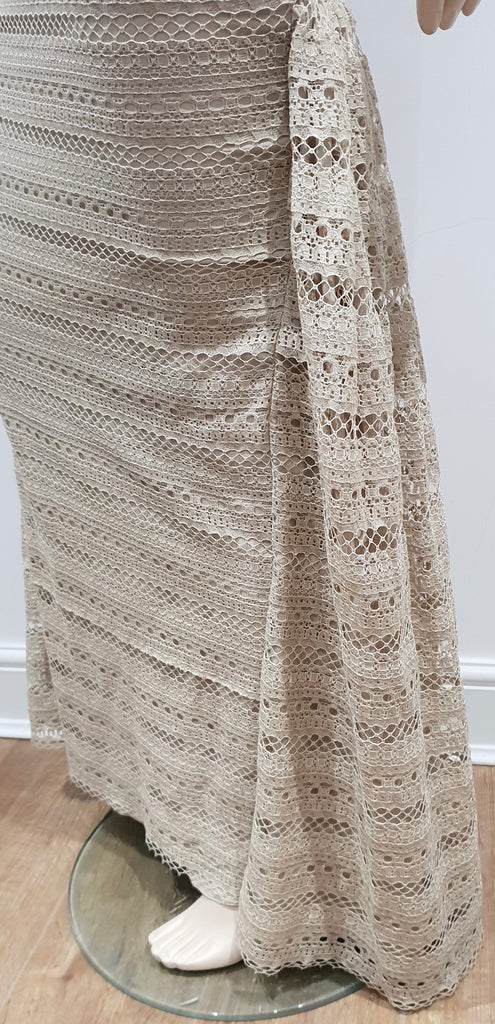PAULE KA Beige Cotton Blend Lace Sleeveless Pleated Evening Maxi Dress 38 UK10