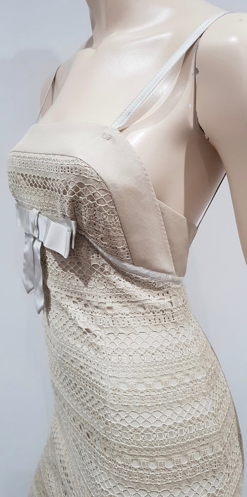 PAULE KA Beige Cotton Blend Lace Sleeveless Pleated Evening Maxi Dress 38 UK10