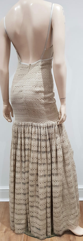 PAULE KA Beige Cotton Blend Lace Sleeveless Pleated Evening Maxi Dress 38 UK10