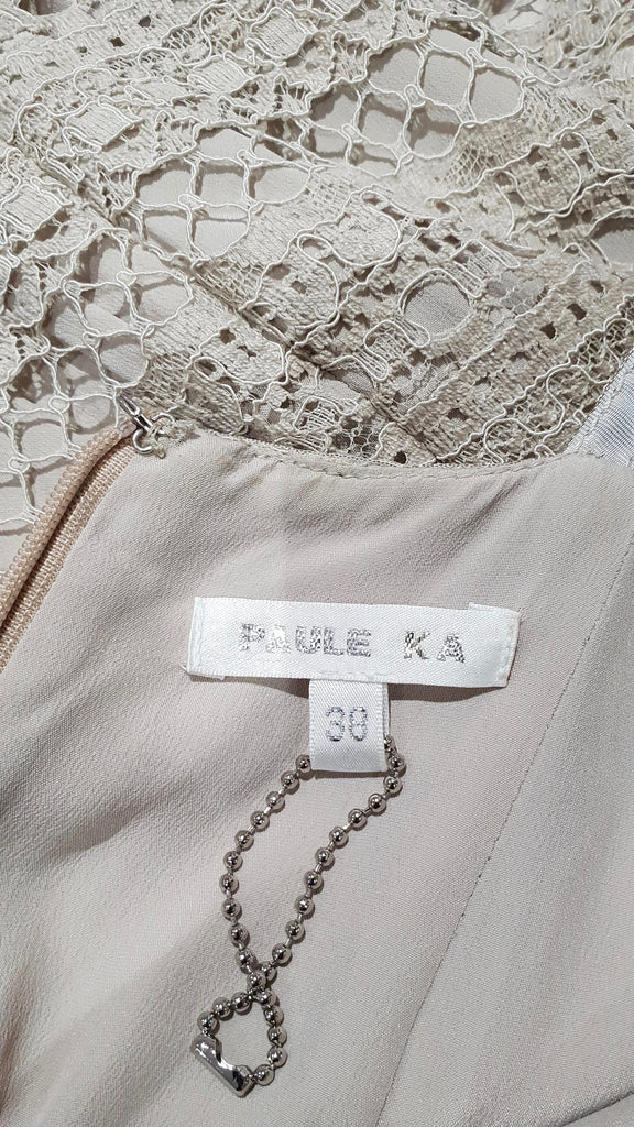 PAULE KA Beige Cotton Blend Lace Sleeveless Pleated Evening Maxi Dress 38 UK10