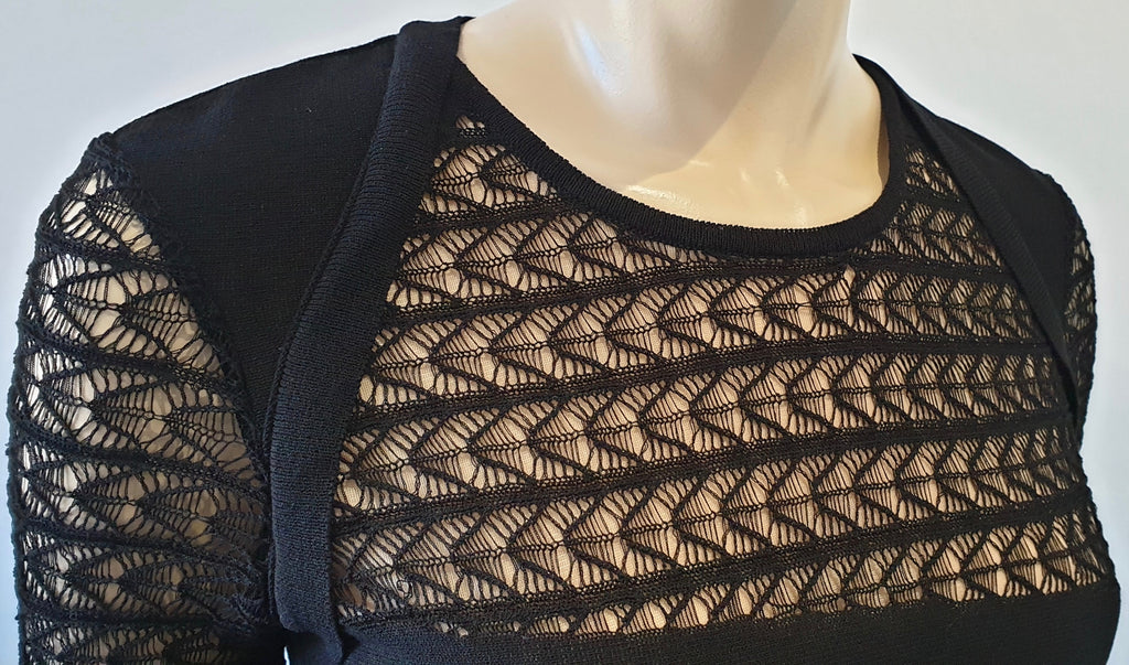 DAGNER Black Lace Long Sleeve Pleated Skirt Nude Lining Short Evening Dress M