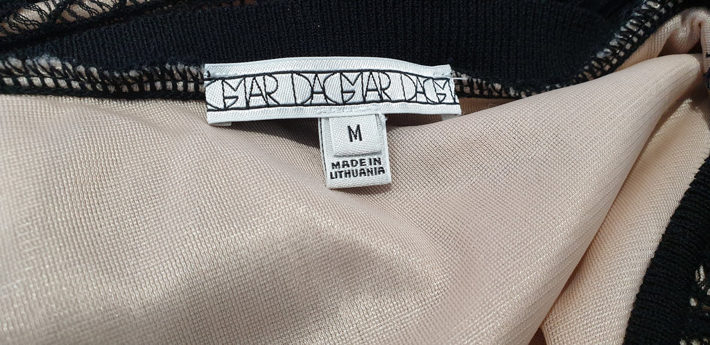 DAGNER Black Lace Long Sleeve Pleated Skirt Nude Lining Short Evening Dress M