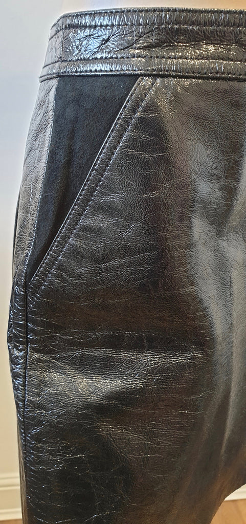 THEORY Black Patent Leather BERDIN Zip Fastened Suede Trim Mini Skirt 6 UK10