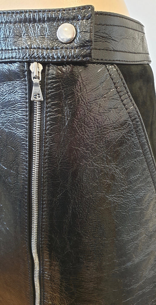 THEORY Black Patent Leather BERDIN Zip Fastened Suede Trim Mini Skirt 6 UK10