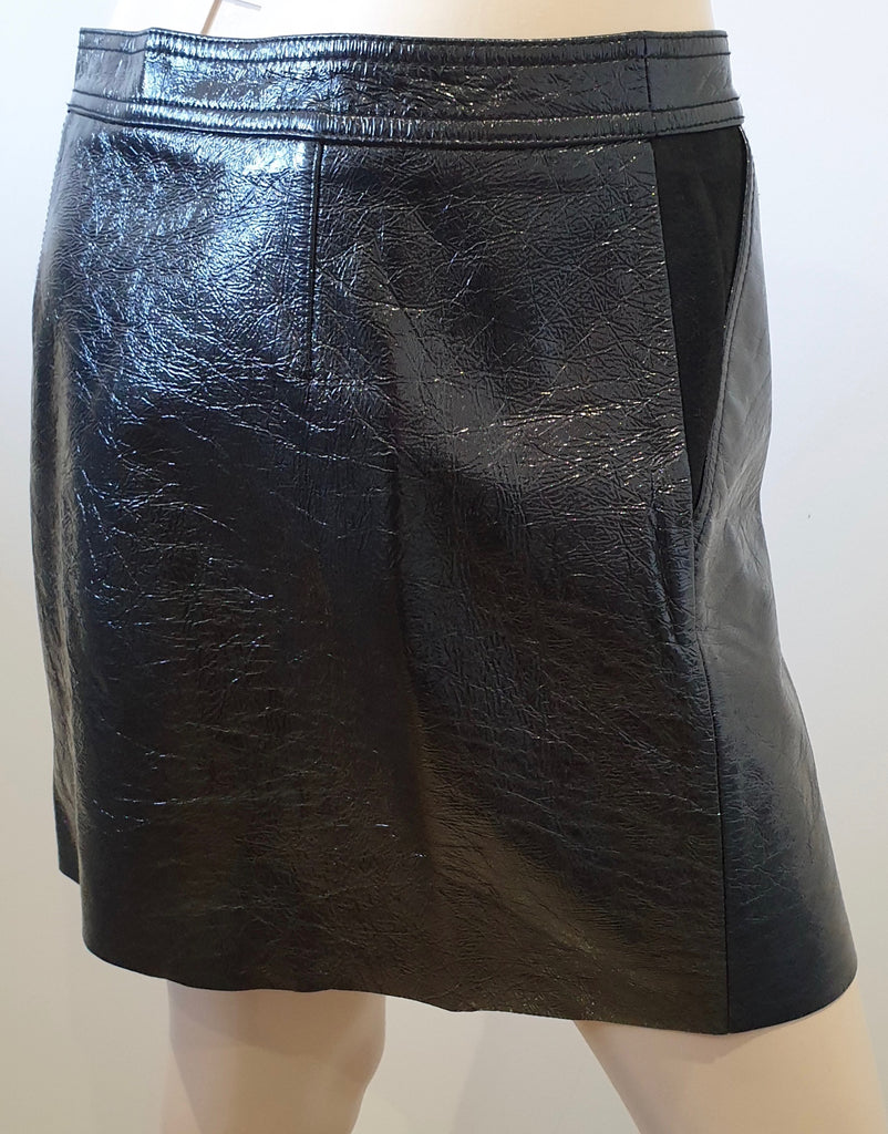 THEORY Black Patent Leather BERDIN Zip Fastened Suede Trim Mini Skirt 6 UK10