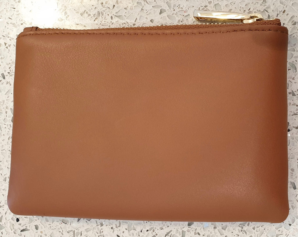 BOSS HUGO BOSS Tan Leather Gold Tone Zipper Small Coin Purse - New With Box