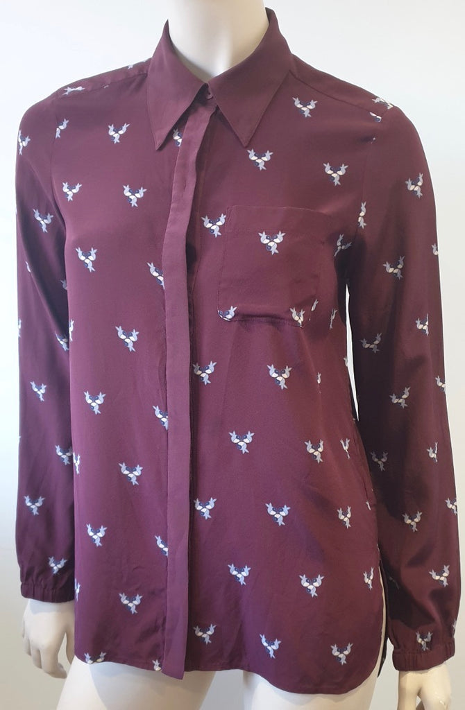 TIBI NEW YORK Burgundy Silk Bird Print Collared Long Sleeve Blouse Shirt Top UK8