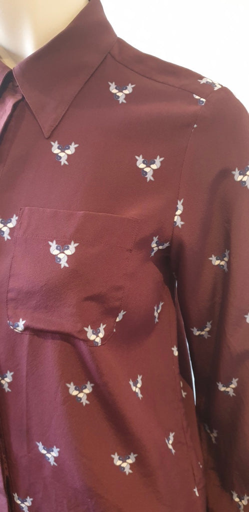 TIBI NEW YORK Burgundy Silk Bird Print Collared Long Sleeve Blouse Shirt Top UK8