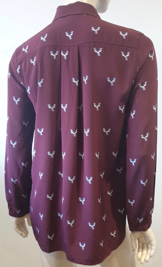 TIBI NEW YORK Burgundy Silk Bird Print Collared Long Sleeve Blouse Shirt Top UK8