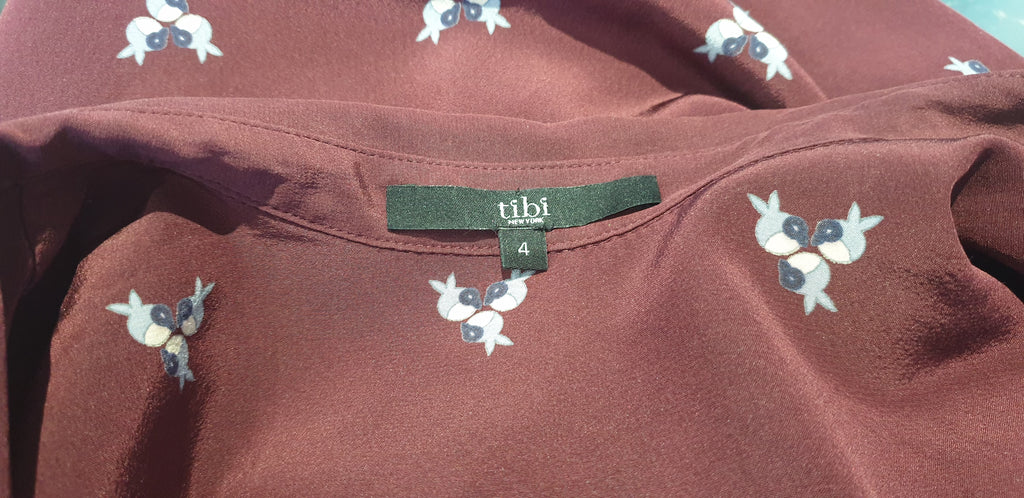 TIBI NEW YORK Burgundy Silk Bird Print Collared Long Sleeve Blouse Shirt Top UK8