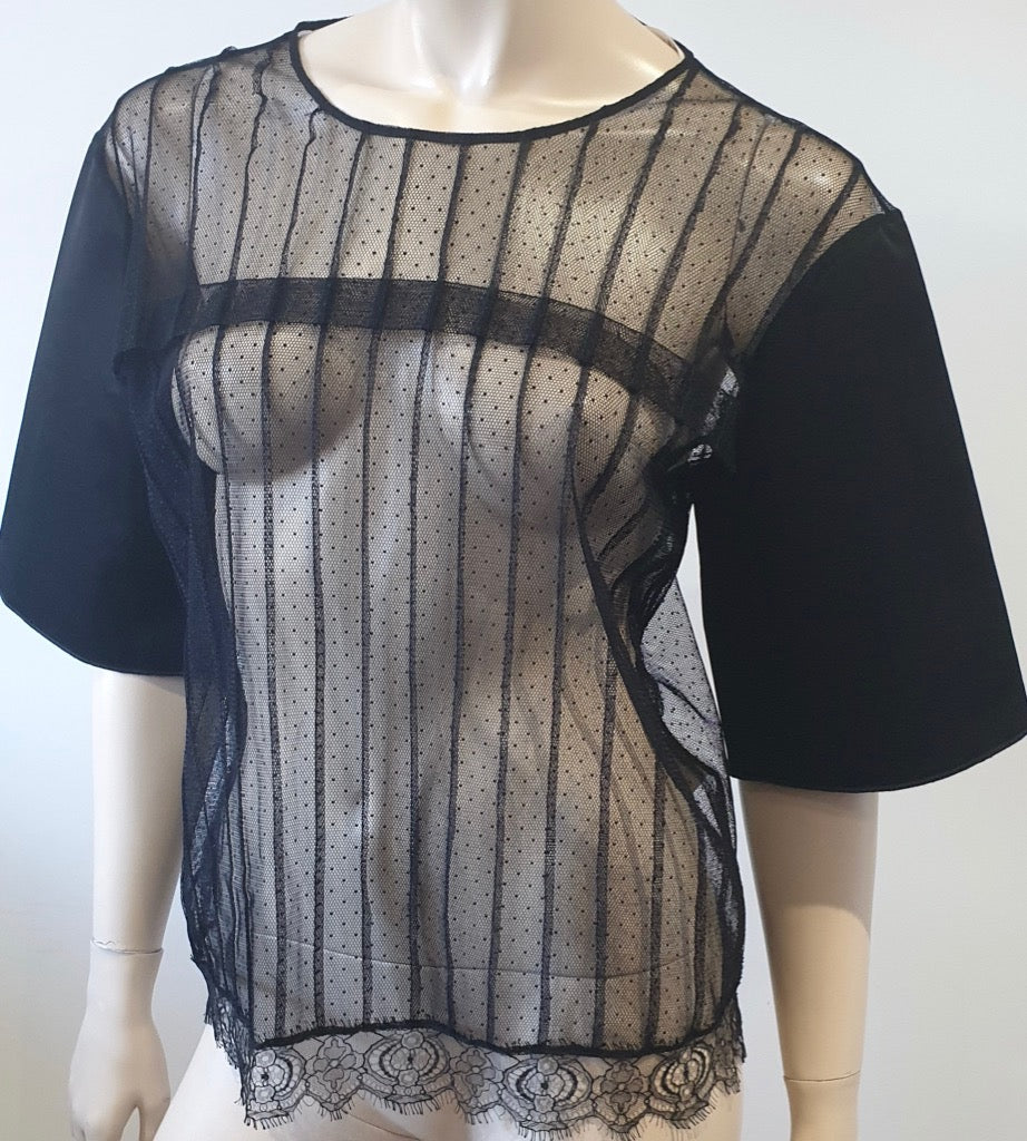 SCHUMACHER Black Silk Blend Sheer Mesh & Lace Short Sleeve Blouse Top 4; L