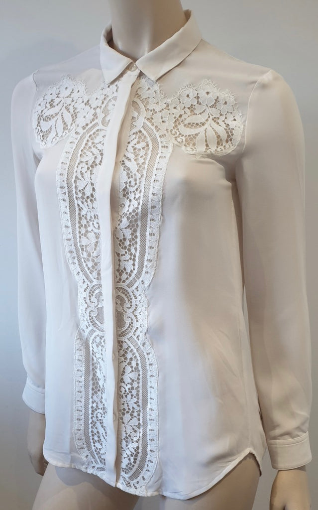 THE KOOPLES Off White Cream Collared Lace Insert Long Sleeve Blouse Shirt Top XS