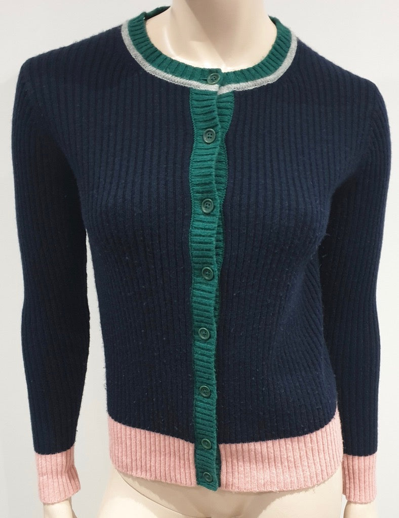 CHINTI & PARKER Navy Blue Wool & Cashmere Colour Block Ribbed Cardigan Top S