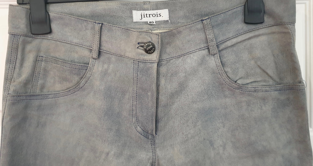 JITROIS Pale Blue Suede Leather Faded Distressed Straight Leg Trousers Pants 40