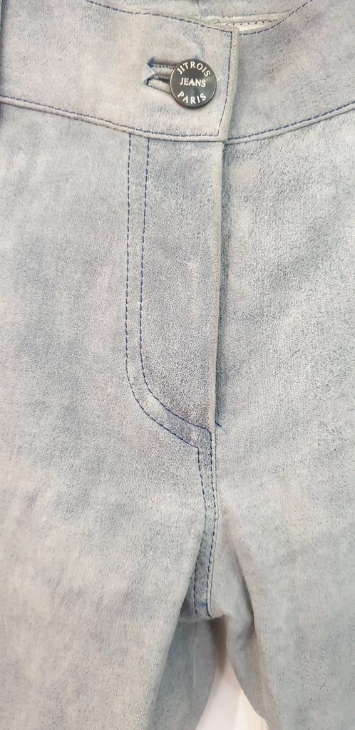 JITROIS Pale Blue Suede Leather Faded Distressed Straight Leg Trousers Pants 40