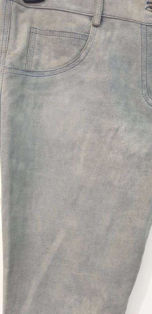 JITROIS Pale Blue Suede Leather Faded Distressed Straight Leg Trousers Pants 40