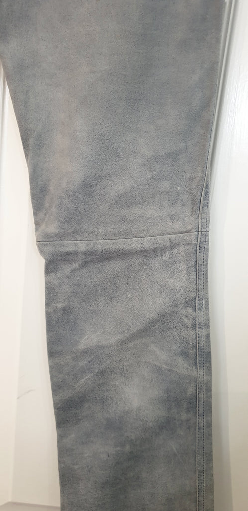 JITROIS Pale Blue Suede Leather Faded Distressed Straight Leg Trousers Pants 40